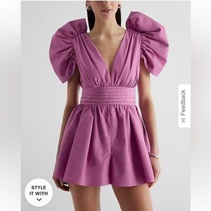 Express - Puff Sleeve Pleated Romper - Light Purple - Size 4